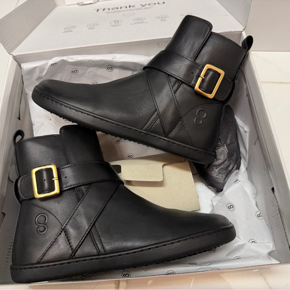Shapen Barefoot Black Ankle Boots with Gold Buckle - wide and extra wide fit